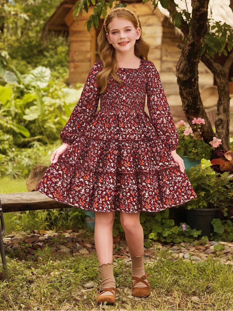 GRACE KARIN Girls Fall Long Sleeve Floral Square Neck Smock Tiered Casual Holiday Teen Dress Size 5-14 - Image 4
