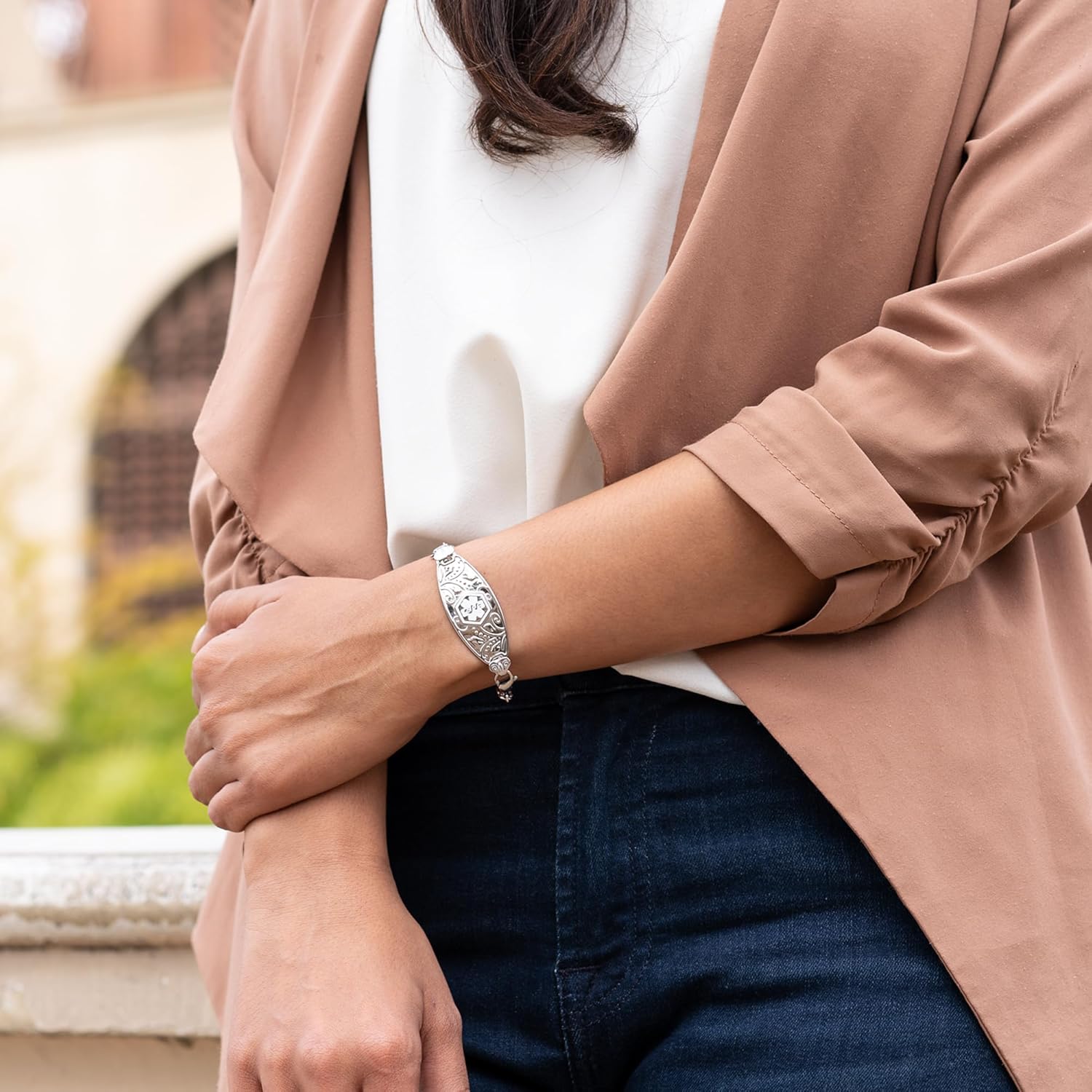 Divoti Custom Engraved Medical Alert ID Bracelets for Women | Filigree Medical ID Bracelet with Caduceus | 4-Line Personalized Emergency | Stainless Steel Ridged Chain | Stylish Daily Wear & Safety