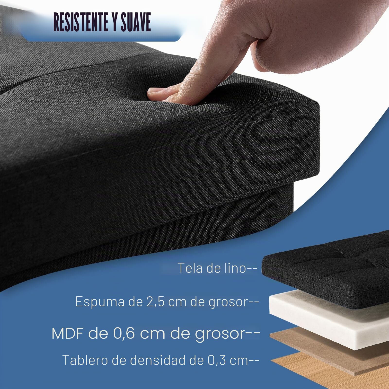 BRIAN & DANY Baúl Plegable Cuadrado Taburete de Almacenamiento Tapizado en Esponja con Patas de Madera Maciza, 38 x 38 x 38 cm, Negro
