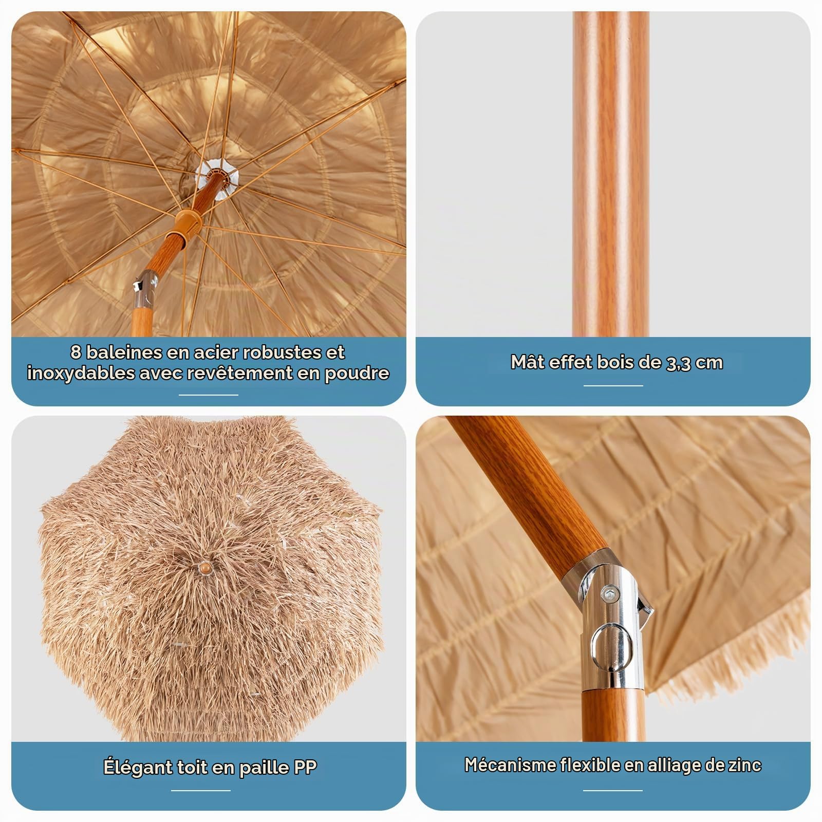 COSTWAY Parasol hawaïen en paille, UPF 50+, pliable à 30 °C, pour jardin, balcon, plage
