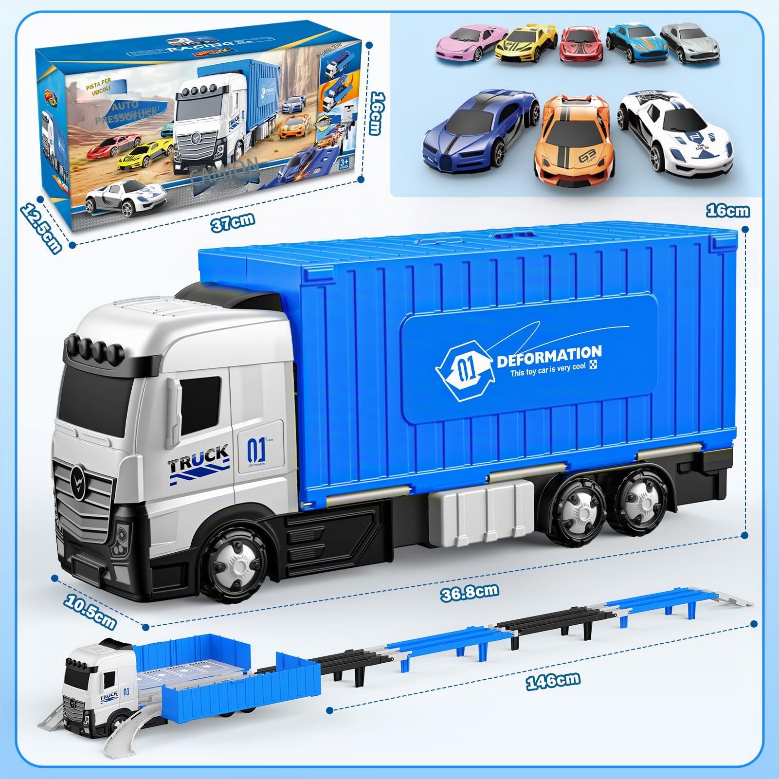 iKidiki Macchinine per Bambini, Giochi Bambini 2 3 4 5 6 Anni Camion Giocattolo per Bambino Regalo Bambino 2 3 4 5 6 Anni, Traccia Car con 8 Auto da Corsa in Lega