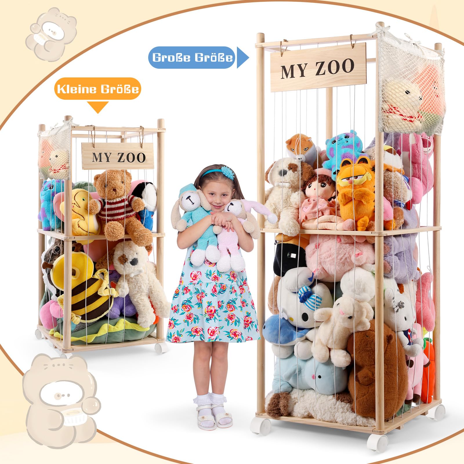 Massivholz Kuscheltier Aufbewahrung mit 360° Rollen & Bremse – inkl. Baumwollnetz, Plüschtier Organizer für Kinderzimmer, Spielzimmer & Wohnzimmer(Burlywood, klein)