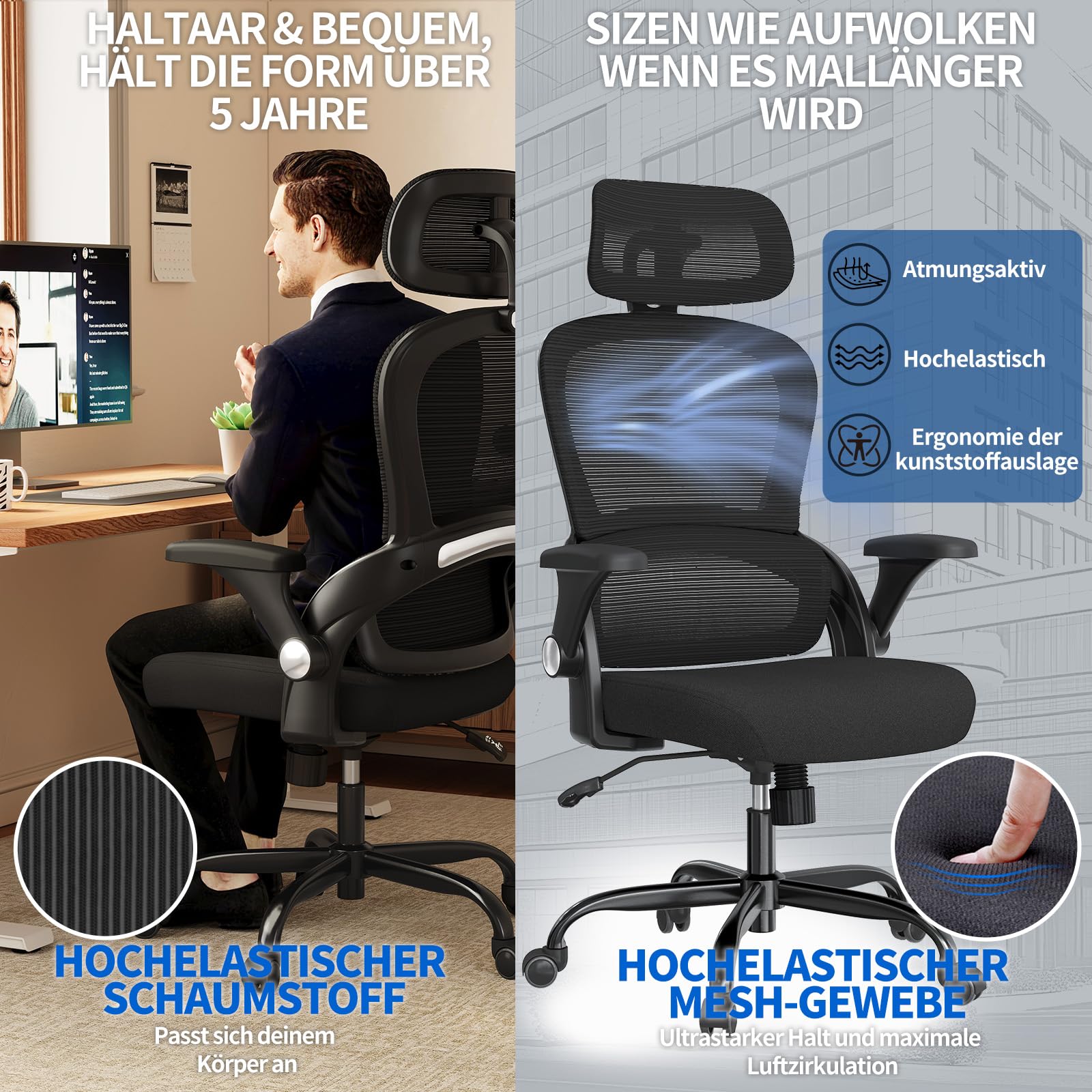 TRALT Ergonomischer Bürostuhl - Schreibtischstuhl mit Verstellbare Kopfstütze Höhenverstellbarer Bürostuhl Büro Stuhl - Office Chair Ergonomic Desk Chair - Gaming Stuhl 150kg für Lange Zeit Schwarz