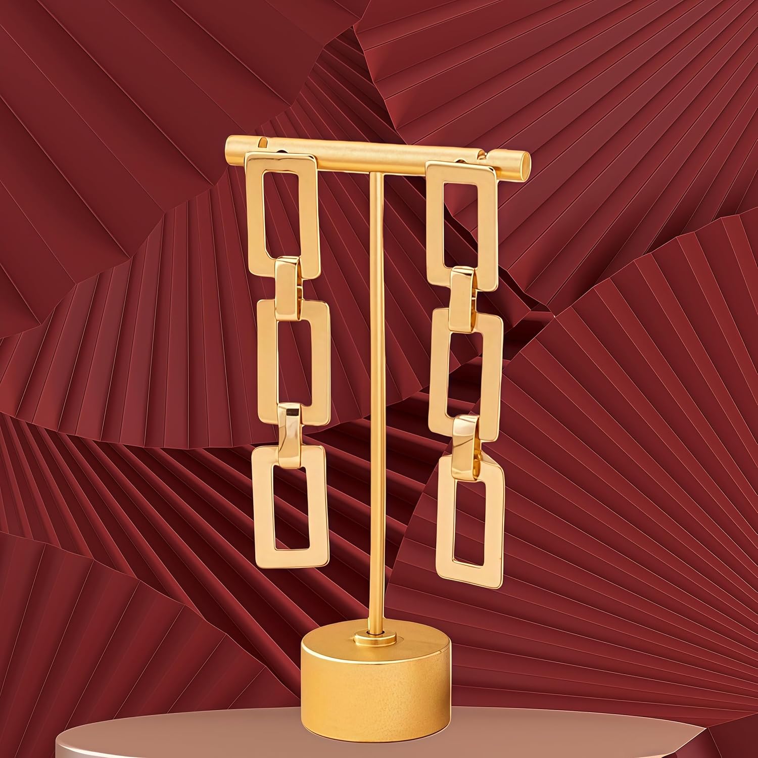 Gold Geometric Chain Link Drop Earrings, Rectangular Statement Dangle Earrings, Metal Fashion Jewelry - Image 4