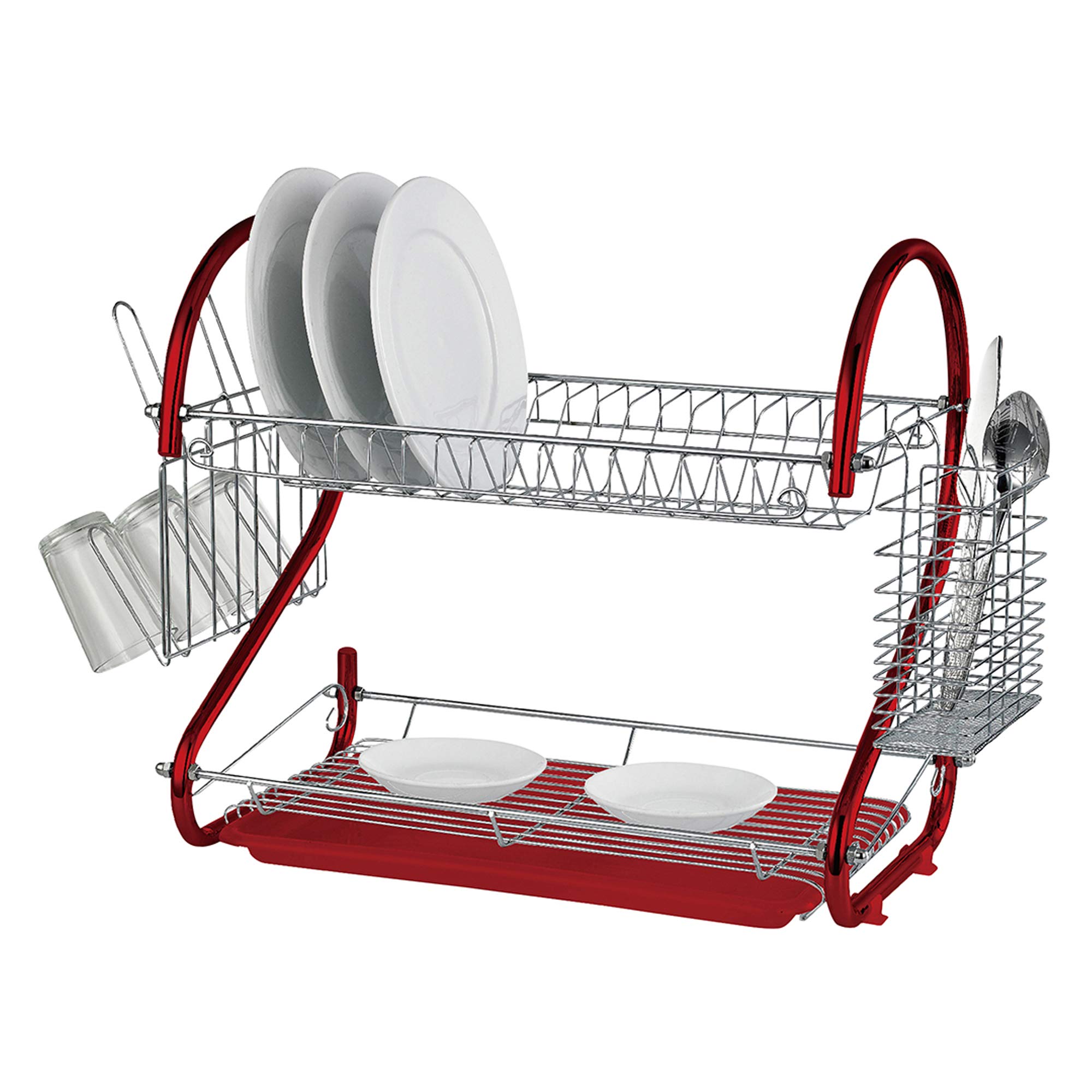 Prima Kitchenware New 2 Tier Chrome Plate Dish Cutlery Cup Drainer Rack Drip Tray Plates Holder