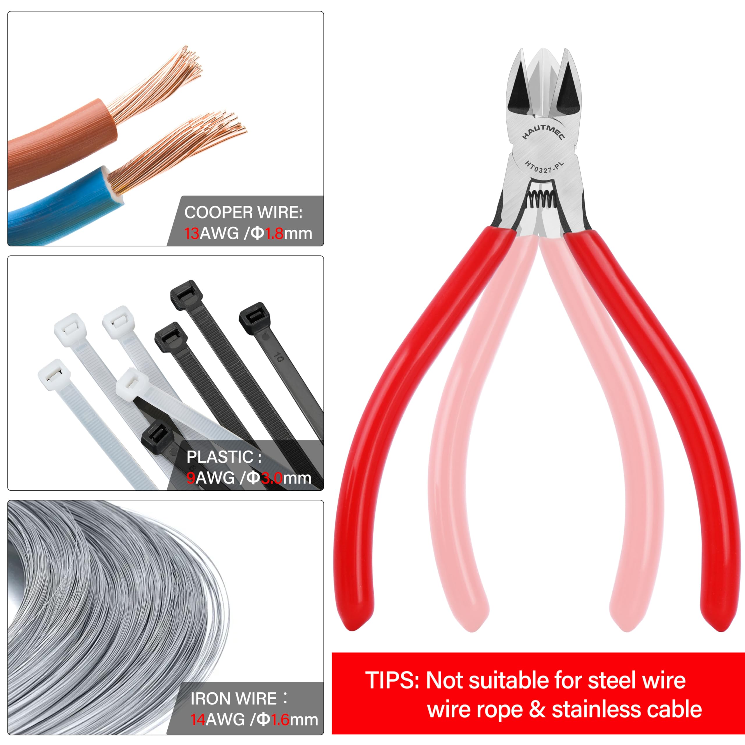 HAUTMEC HT0318-10PC Lot de 10 pinces coupantes ultra tranchantes de 15,2 cm avec poignée à ressort et antidérapante, idéale pour le plastique, le fil souple, les kits de modélisme, le marquage de