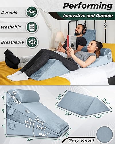 Miniatura 6 de Lunix LX11 - Juego de 5 almohadas ortopédicas de cuña, almohada de espuma viscoelástica con paquete de fríocalor, color gris + funda de repuesto,