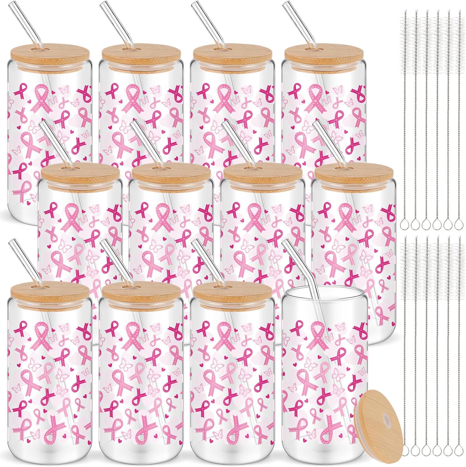 12 Set Cow Glass Cups with Bamboo Lids and Straws 16oz Cute Cow Print Tumblers Ice Coffee Cup for Birthday Party Drink Decoration Christmas Idea Gifts for Women