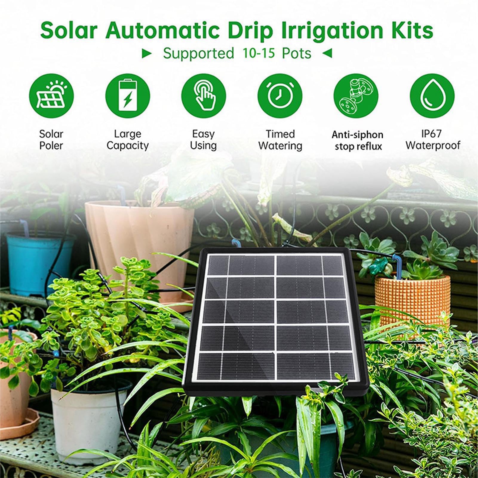 Yctze Solares Automatisches Tropfbewässerungs-Set-System – Solarbetriebenes Automatisches Bewässerungsset mit 15 Tropfern für Effiziente Pflanzenpflege