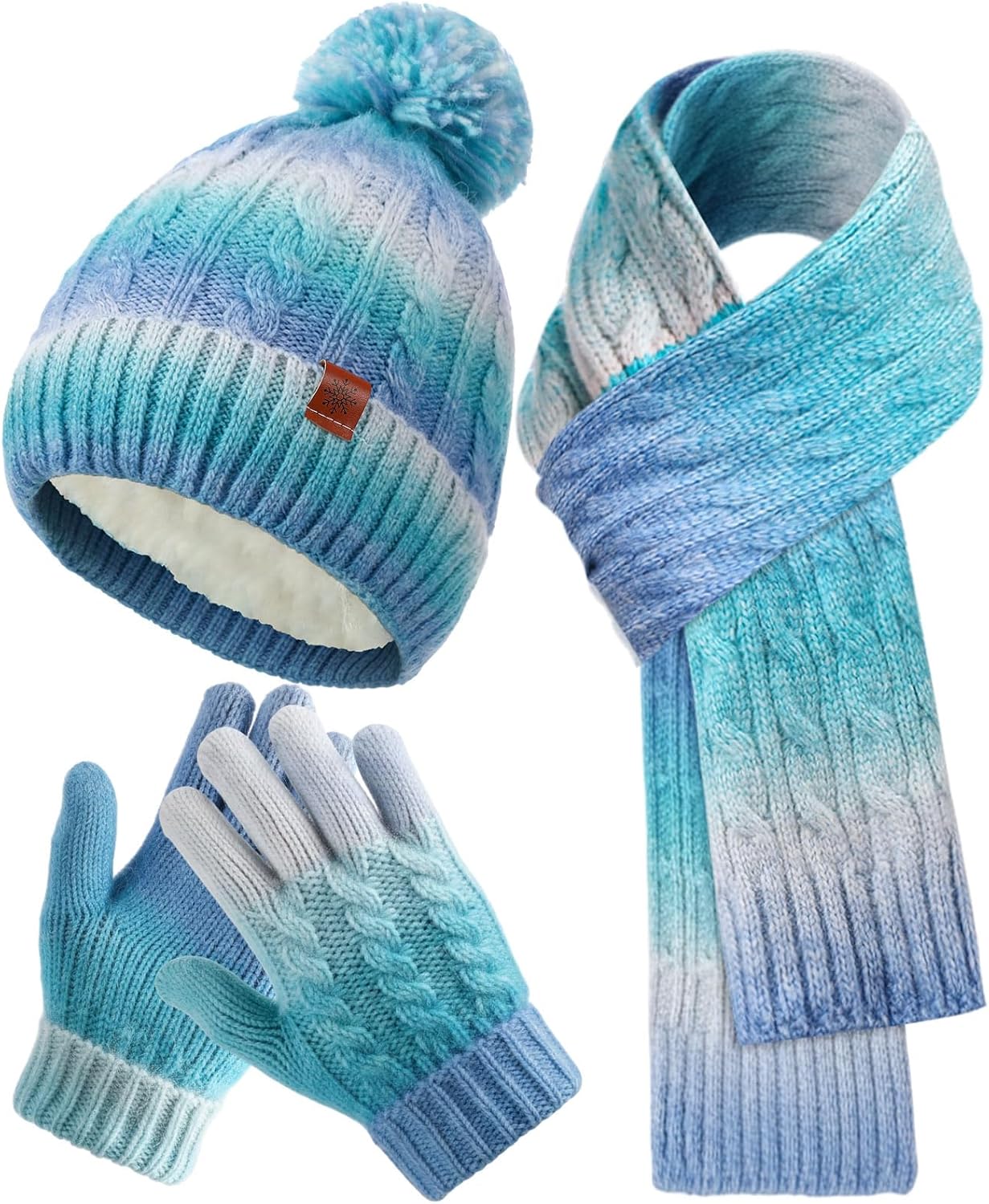 ShinyMarch Kids Winter Hat Scarf Gloves Set Thick Thermal Lined Beanie with Pom Warm Neck Gaiter Knit Mittens for Boys Girls