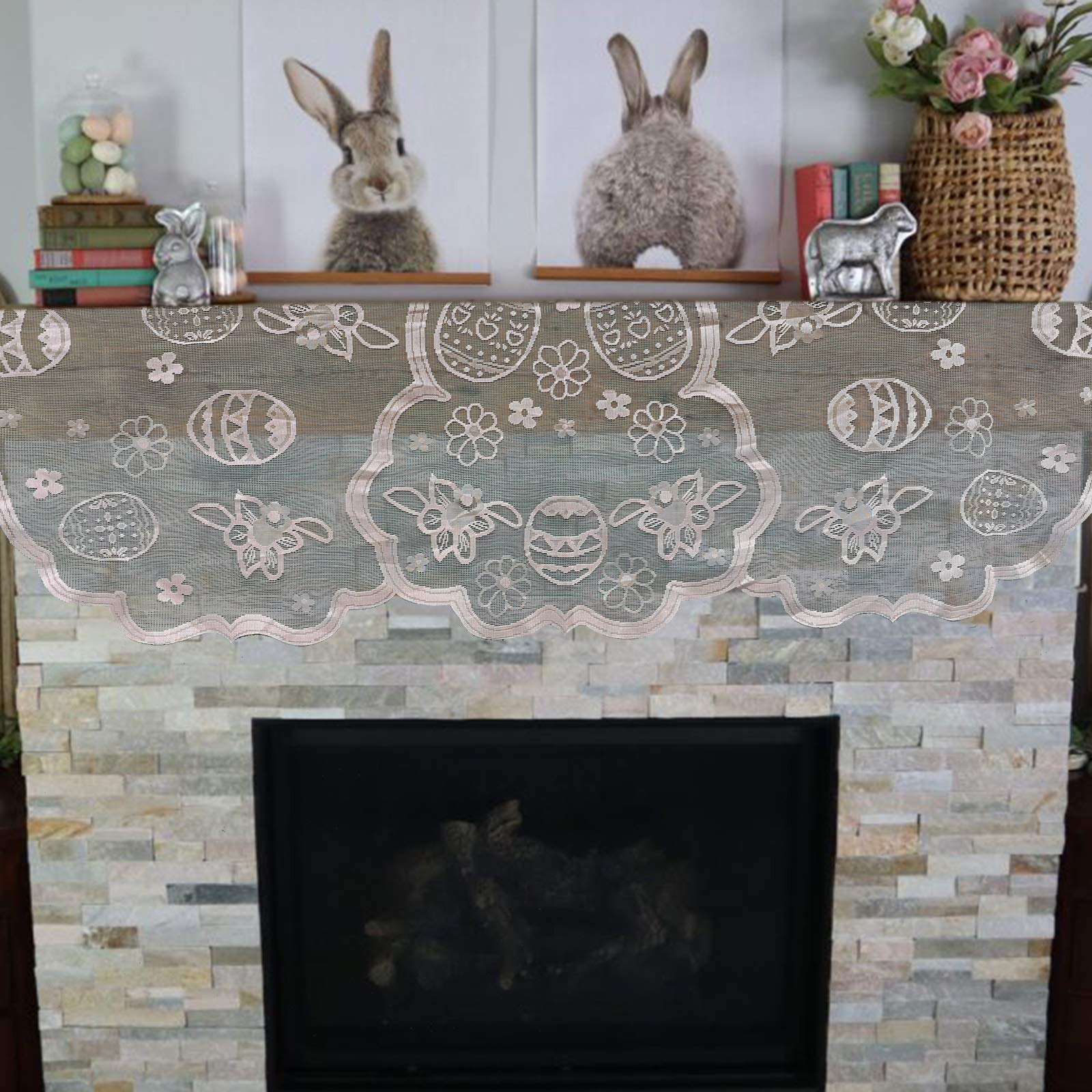 JoysailEaster mantle scarf for fireplace decorations - Lace Spring Floral Easter Eggs Scarf Runner for Mantel Decorations - Indoor Easter Decorations for Home Living Room