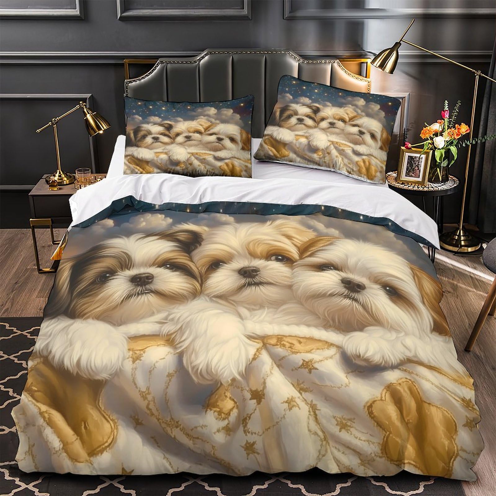Housse de couette chiots mignons 3D 260x220 cm avec 2 taies d'oreiller pour lit Super King