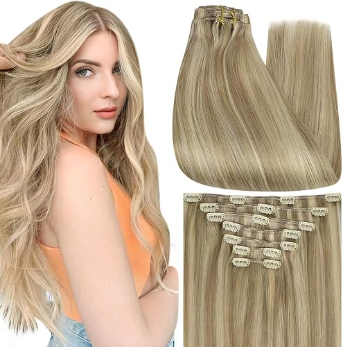 Full Shine 20 Inch Clip in Human Hair Blonde Real Hair Extensions Dirty Blonde Highlighted 7 Pcs Double Weft Brazilian Remy Hair Soft Straight Invisible Hair