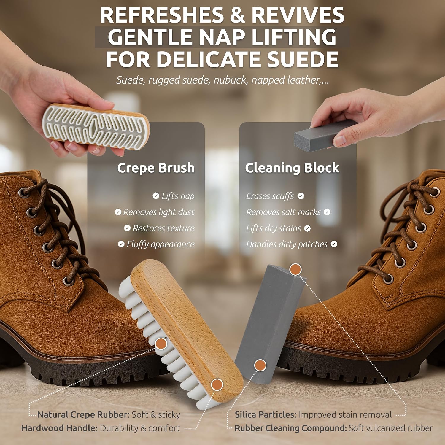 TAKAVU Suede & Nubuck Cleaning Kit, Crepe & Brass Brush, Eraser Block | Restores Suede Shoes & Boots, Includes Microfiber Towel, Brass Bristle Brush & Rubber Cleaning Block