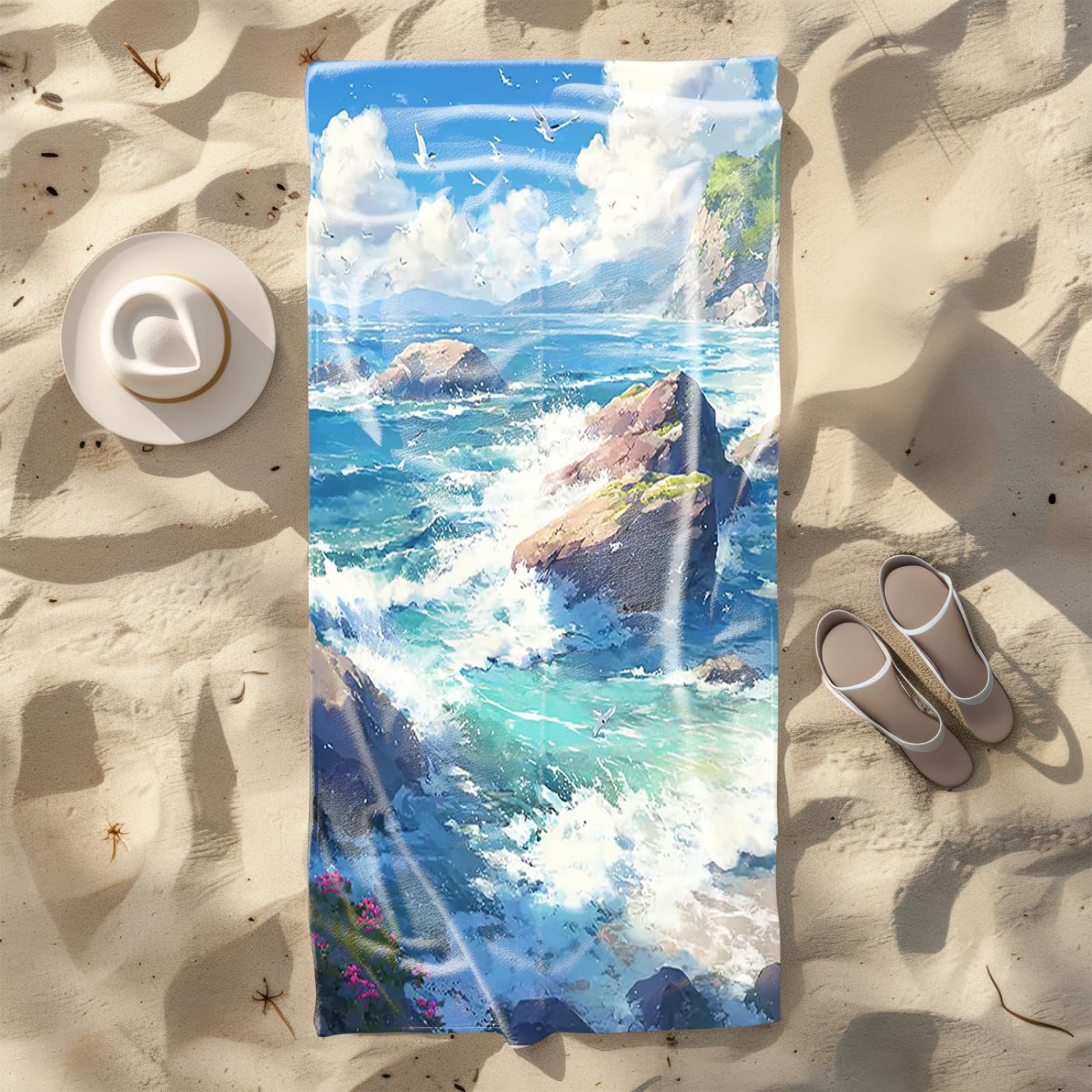 Tapis de Plage XXL Anti Sable Plage Mouettes Serviette Piscine Adulte,Natte De Plage Pliable, Voyage Accessoires De Plage Camping,Serviette de Bain Personnalisée