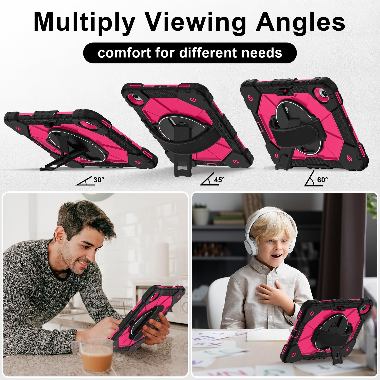 Compatible avec Samsung Galaxy Tab S11 5G 11 Pouces modèle 2025 (SM-X730/X736B), Coque Multifonction résistante aux Chocs Support Rotatif, béquille, dragonne et bandoulière(Rose Red)