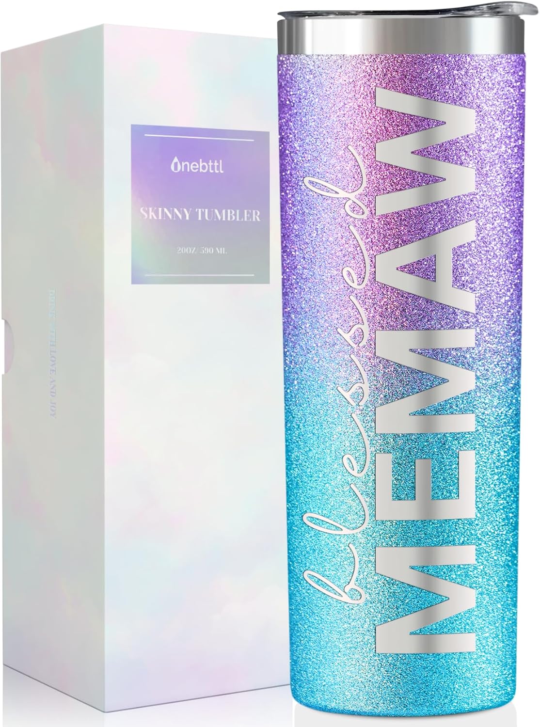 Onebttl Memaw Gifts for Grandma's Mother's Day, 20oz Purple & Blue Glitter Skinny Tumbler, Straw & Lid Included, Christian Gifts for Blessed Memaw
