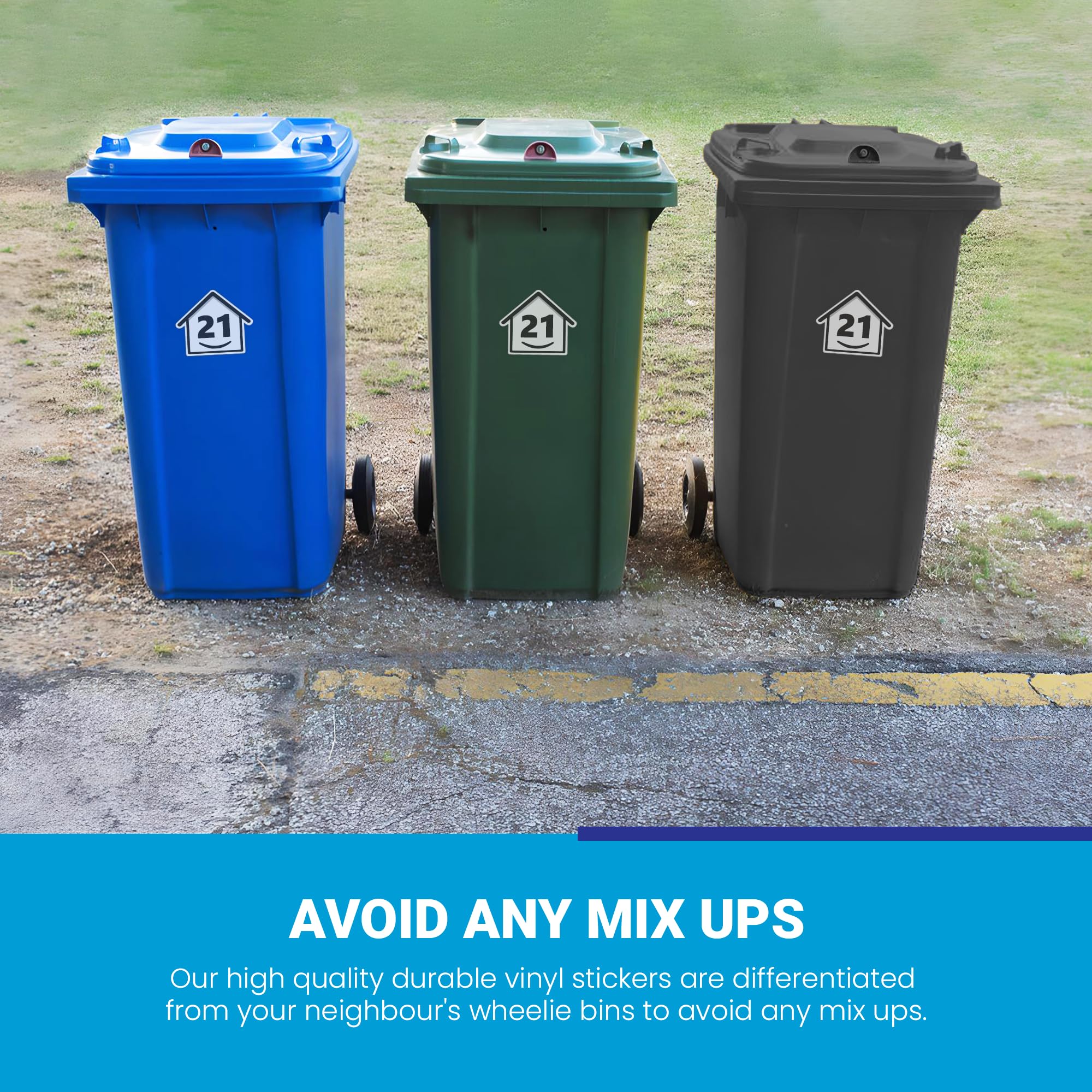 3 x Bin Numbers for Wheelie Bins, 1-99, 15cm ‘Happy House’ Design Dustbin Stickers, Easy Application Stick On Number Stickers - Weatherproof Self Adhesive Vinyl, Black (21) — view 3