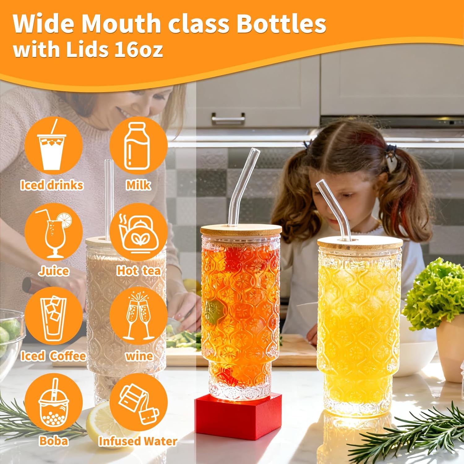 Vintage Glass Cups With Bamboo Lids And Straws 16 Oz,Vintage Tumbler Embossed Floral Glass Cups Set For Whiskey Cocktail, Beer, Iced Coffee Cups, 6pack - Image 5