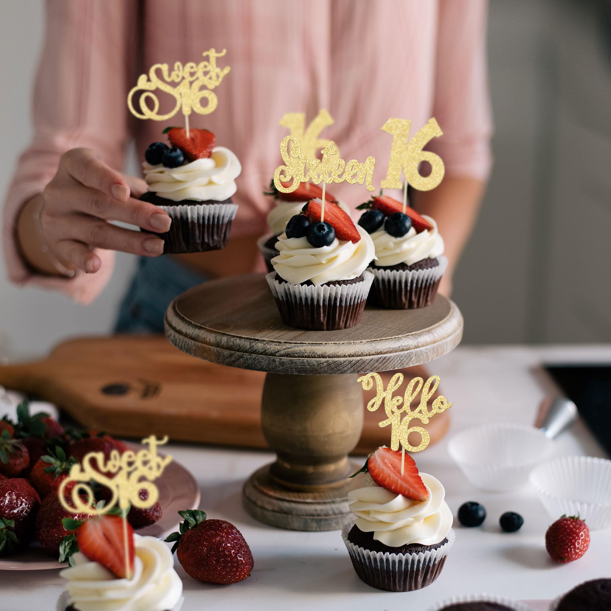 Lot De 24 Décorations à Paillettes Pour Cupcakes « Hello 16 Sweet 16 » Et Seize Ans – Décorations De Gâteaux Pour Anniversaire, Mariage, Fête – Doré