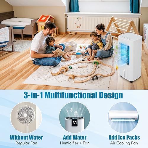 Miniatura 3 de PETSITE Enfriador de aire evaporativo, ventilador de enfriamiento 3 en 1 y humidificador con control remoto, 2 paquetes de hielo, temporizador de 15