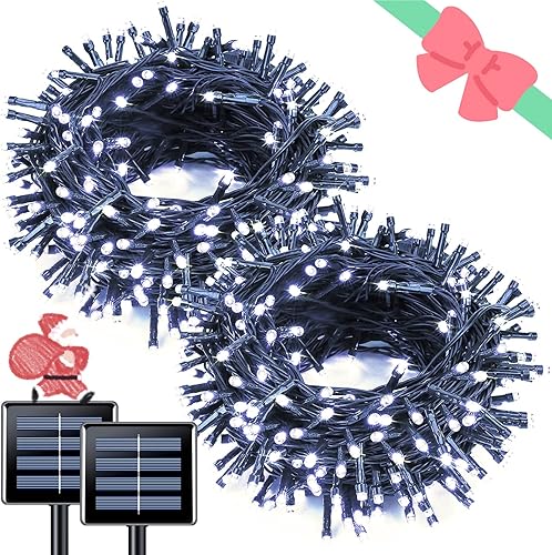 JMEXSUSS Paquete de 2 tiras de luces solares para exteriores, 100 LED de 42.7 pies de luces solares blancas para exteriores, impermeables, 8 modos