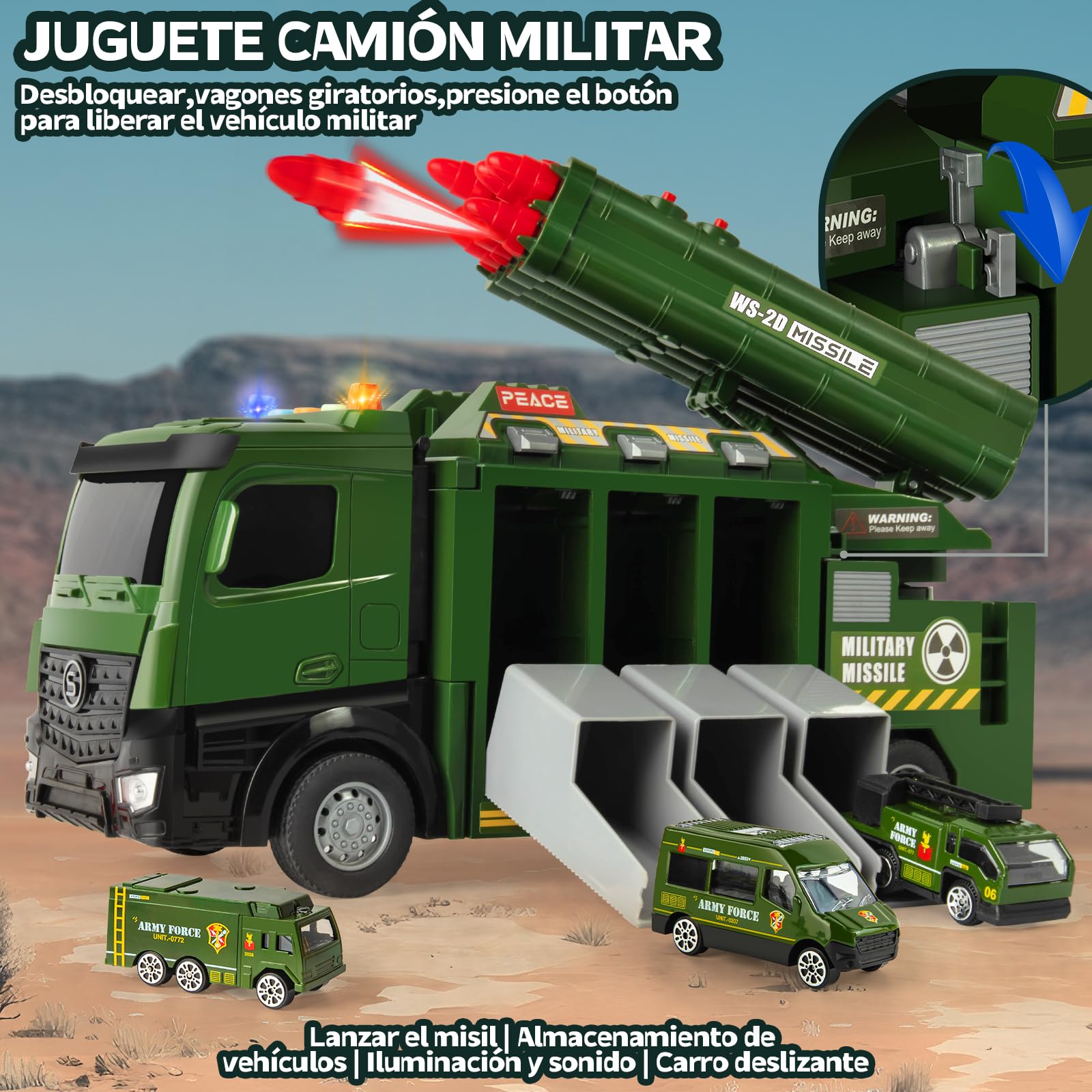 Juguetes camión Militar,32cm Vehículo Militar de Juguete con 8 misiles,Juguetes Militare con 6 vehículos Militares,Luz y Sonido,Camión Militar de Juguete para Niños de 3 años o más