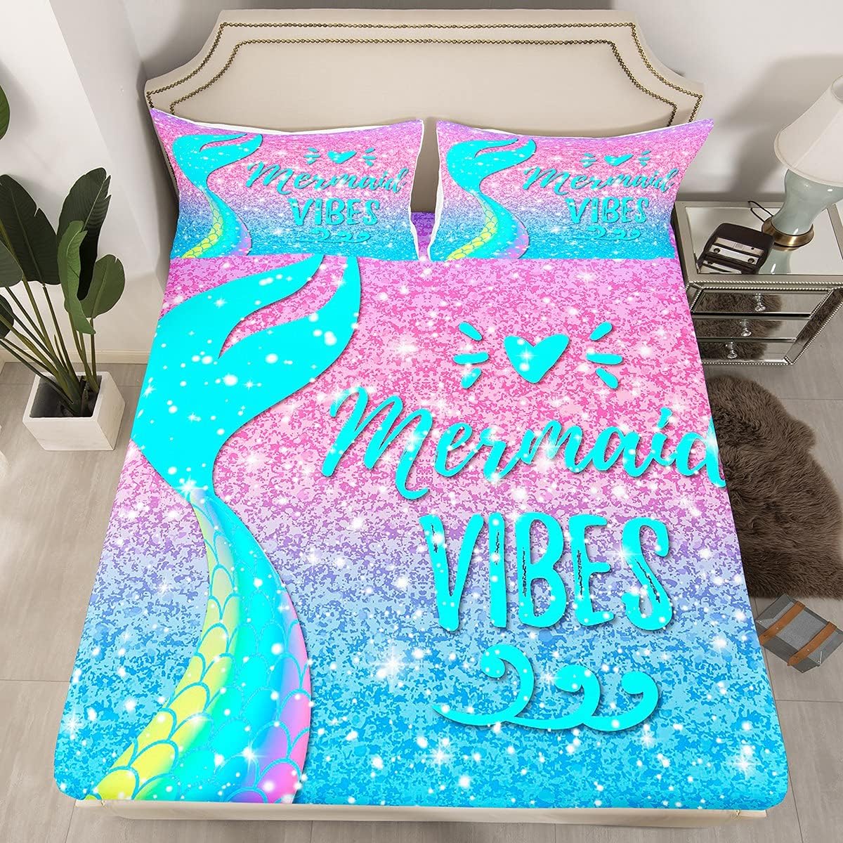 Mermaid Bed Sheets Full for Girls,Glitter Galaxy Fitted Bed Sheet,Rainbow Mermaid Scales Bedding Set for Kids Women Kawaii Princess Bed Set Pink Purple Pastel Home Bedding with 2 Pillowcases