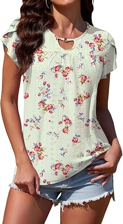 Neineiwu Womens Tunic Top Tulip Sleeves Eyelet Embroidery Pleated Shirt