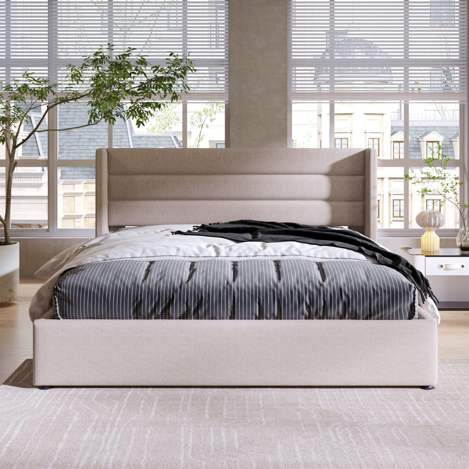 FEEOHOME Lit Double Rembourré 160 x 200 cm, lit 2 Places avec Cadre de lit et Espace de Stockage, Lits Coffre sommier à Lattes pour Adulte Adolescent, Lin Beige