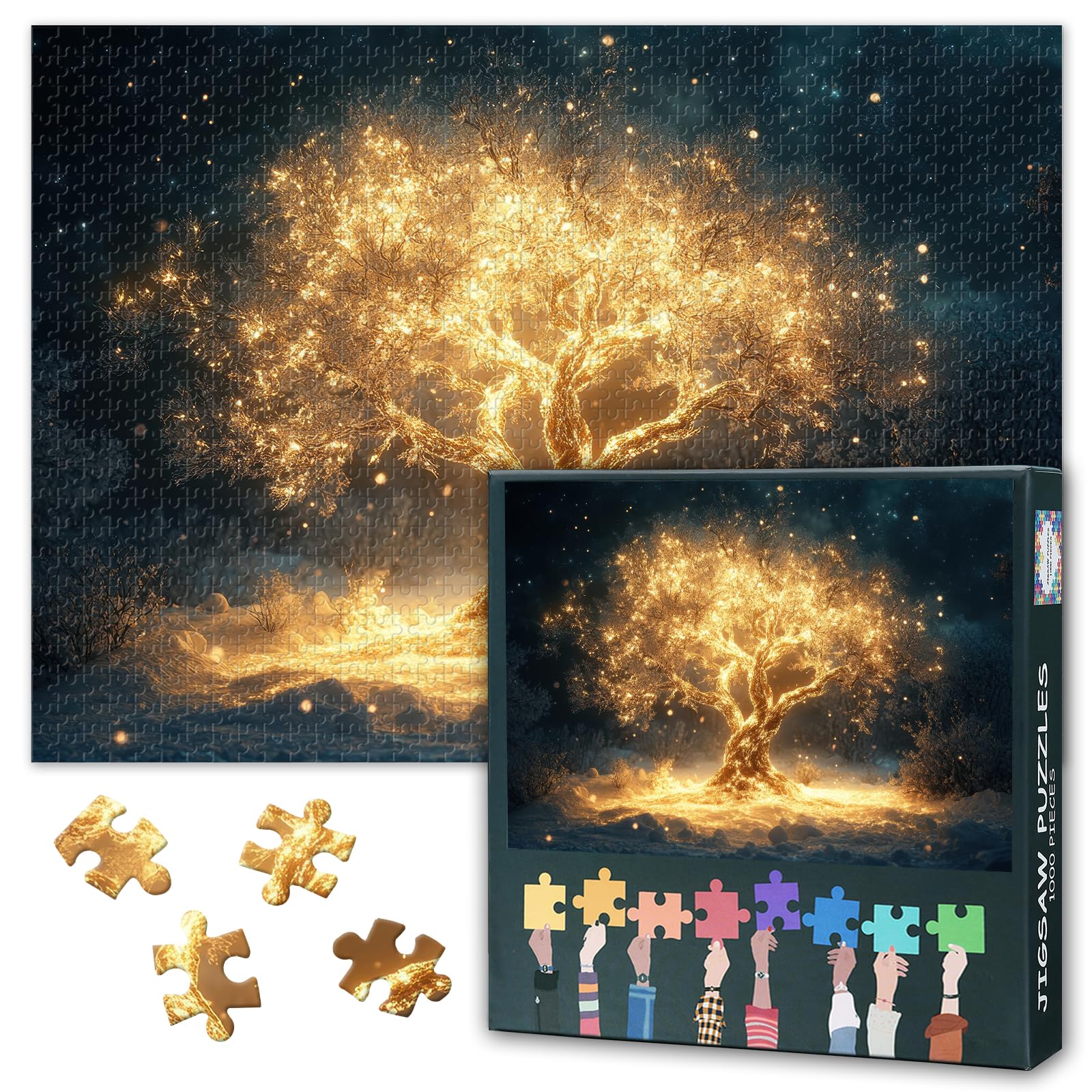 1000 Piece Jigsaw Puzzle for Adults Glowing Tree in Snowy Winter Landscape Starlit Sky Enchanting Night Scene Holiday Season Puzzle for Cozy Family Nights 27.5x19.7 Inch — image 1