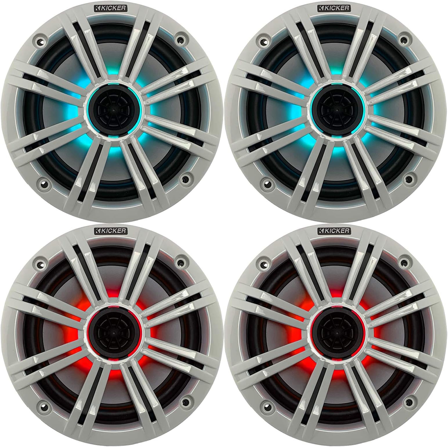 2- Pair (4-Speakers) Multi Color LED Lights Kicker 6.5" 195W Marine Audio Coaxial Stereo White Grills
