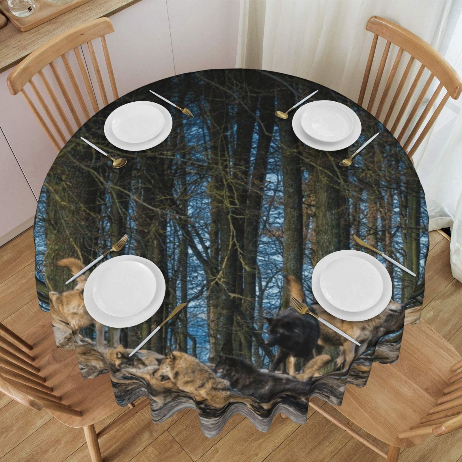 DCEHGEW 60 In Round Tablecloth with Lace, Wolf Printed Oilproof & Washable Fabric Picnic Table Cloth Table Covers