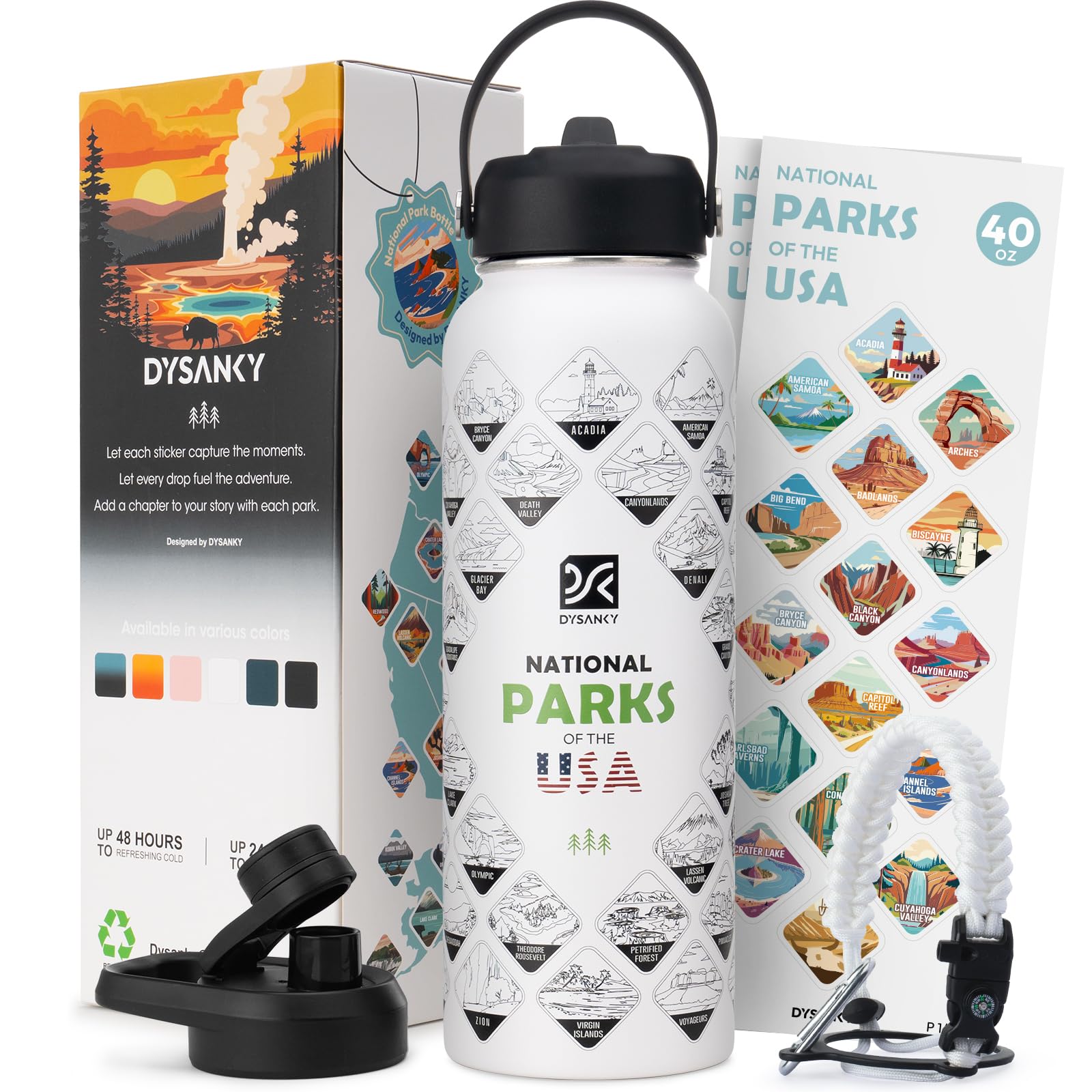 DYSANKY National Parks Water Bottle – 40 oz Insulated Stainless Steel Water Jug with 63 Hand-Drawn Park Stickers, Outdoor Accessories & Gift Box –