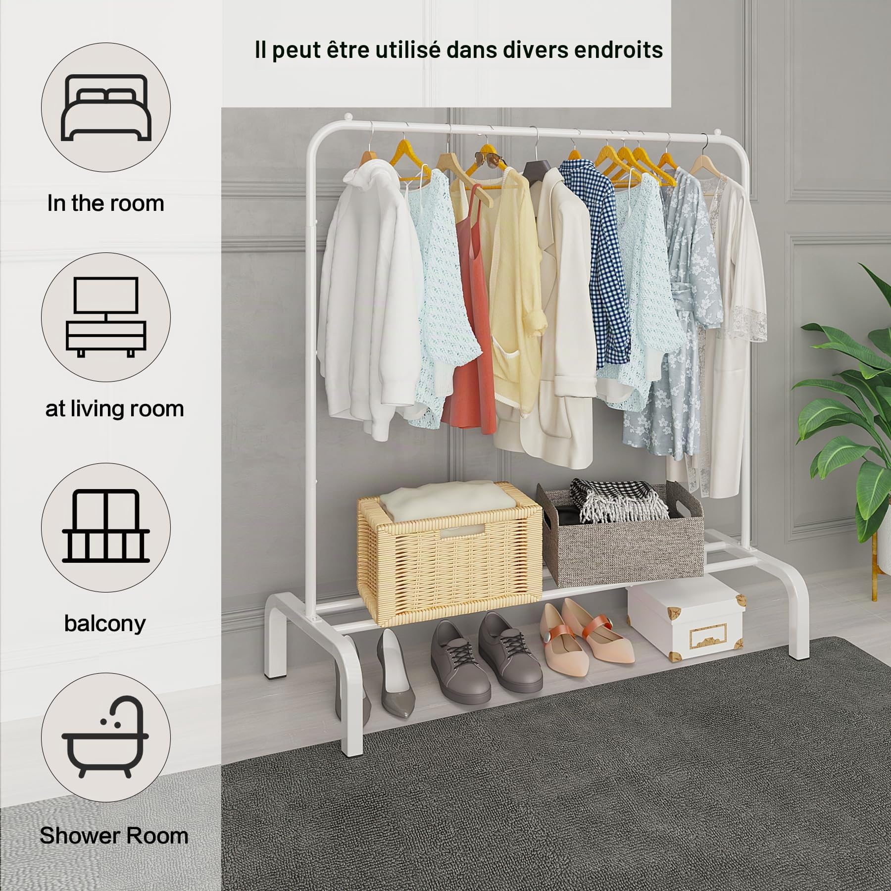 JIUYOTREE Portant à vêtements avec étagères à chaussures, de qualité commerciale, pour présentation, rangement, Blanc