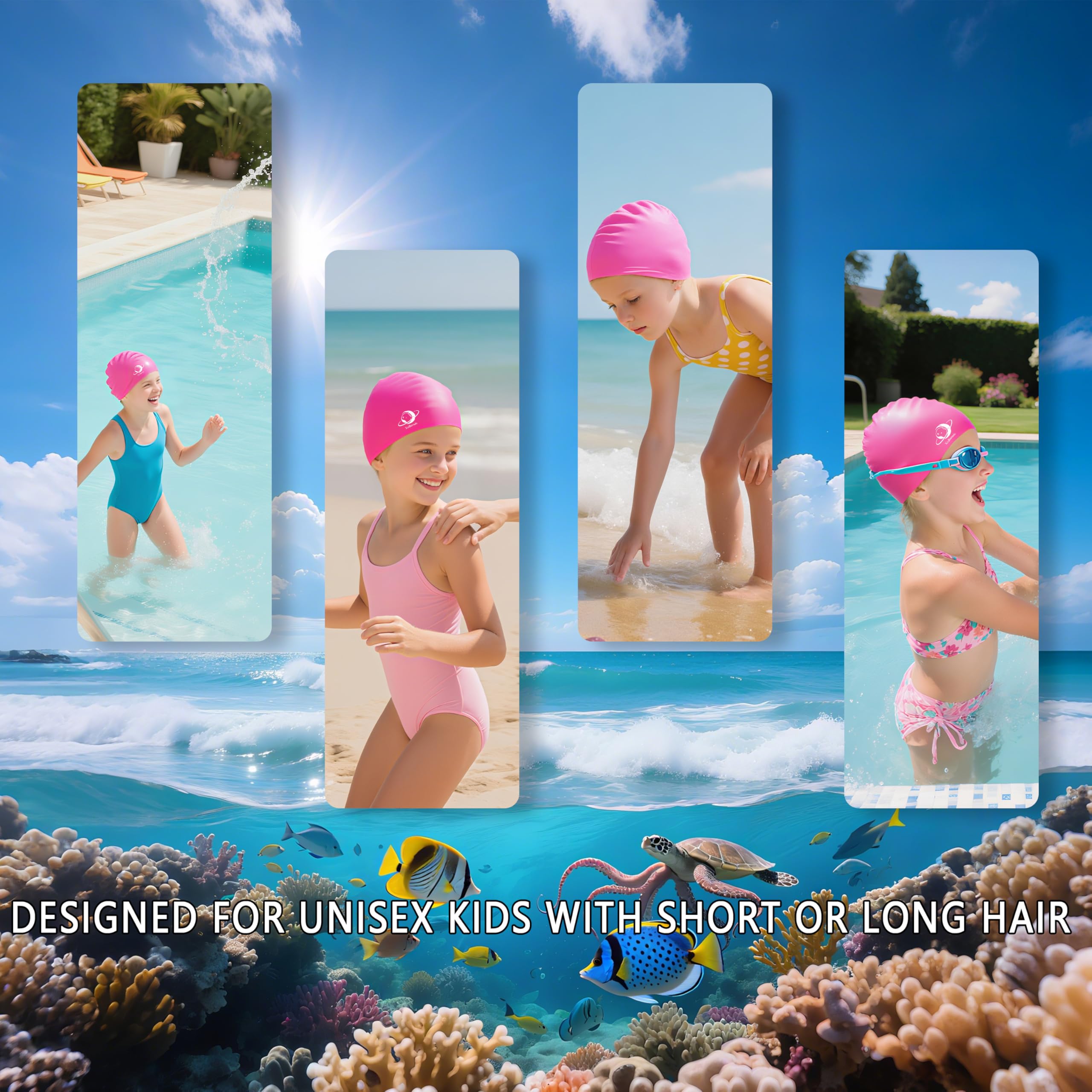 Juclide Cuffia Da Nuoto Per Bambini In Silicone – UV 50+, Elastica, Per Capelli Lunghi E Corti (Bianco Rosa, 3-8 Anni)