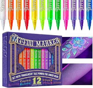 Body Markers For Skin Washable 12-pieces UV-Activated Makeup Stencil | UV Reactive Paint Pens, Face Body Coloring Set | Makeup Stencil Accessories, Bright Artistic Color Markers for Halloween Stag