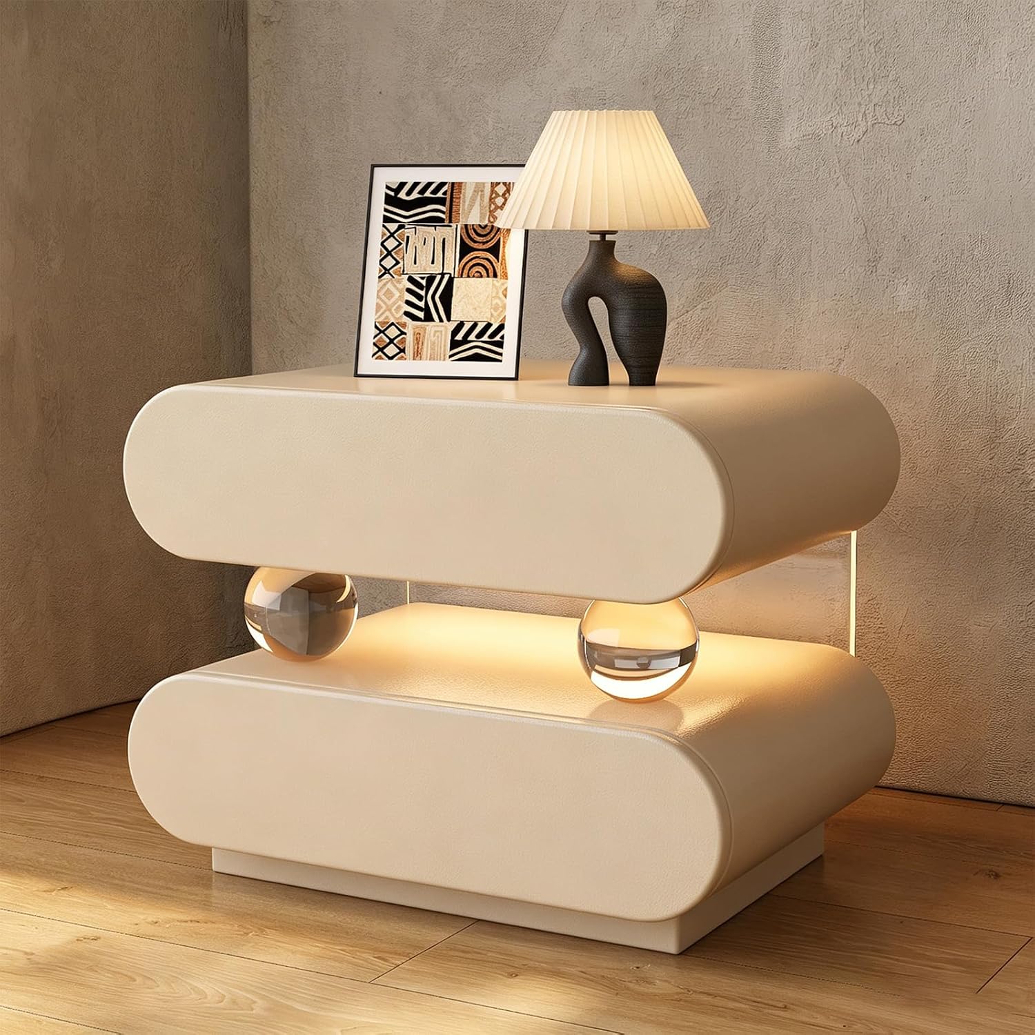Simple Luxury Night Stand,Wood Modern Leather Bedside Table,Creative Bedside Tables with 2-Drawers,Solid Curved Profile Nightstand,Minimalist End Side Table,No Assembly,For Bedroom,Living Room