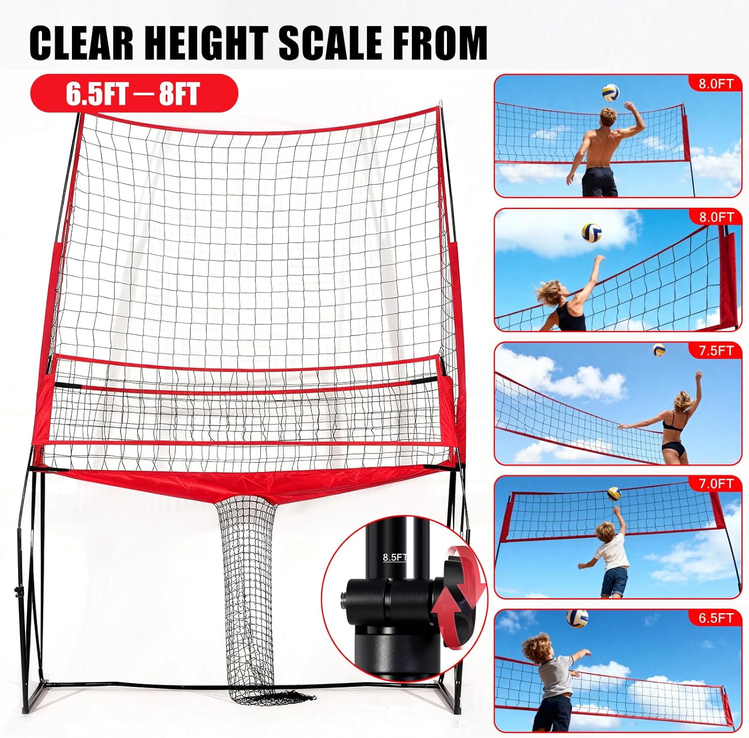 2-in-1 Volleyball Practice Net Station with Patented 5-Height (6'5'' to 8'), Heavy Duty Training System for Hitting Spiking Serving, Backyard Indoor Outdoor Trainer Equipment