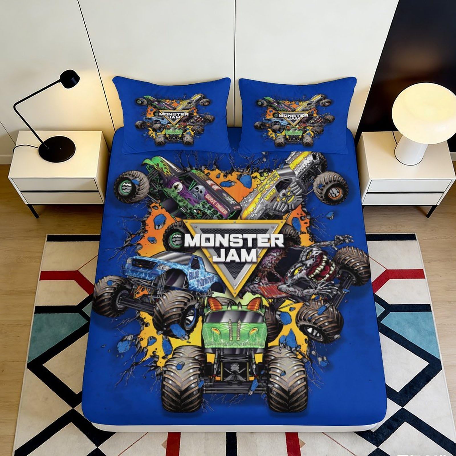 3D Printed Monster Truck Racing Fitted Sheet Microfiber Blue Cartoon Bed Cover for Bedroom Guest Room Decor 90x200x25cm