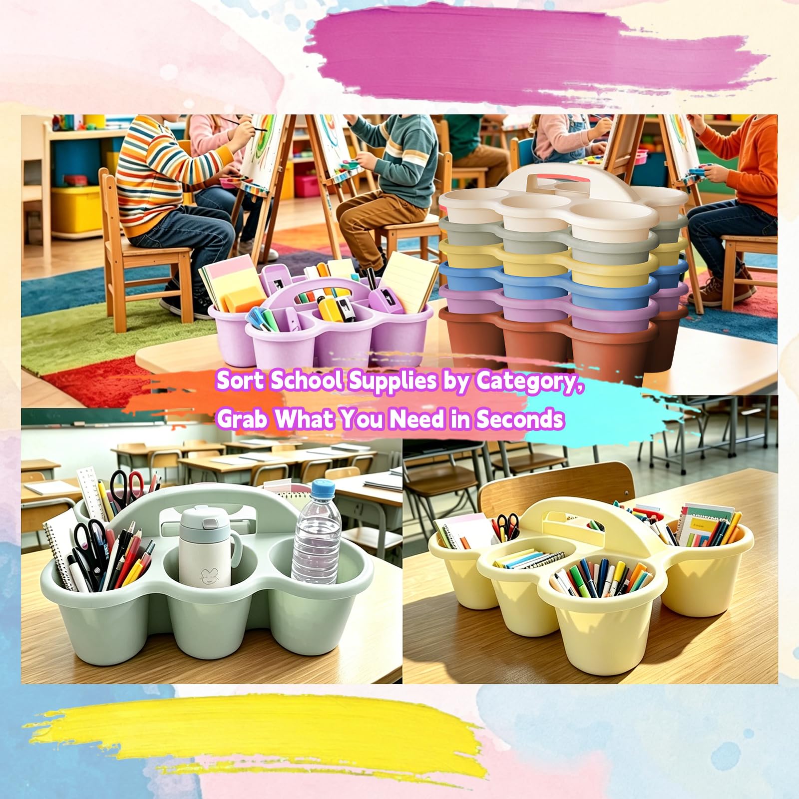 Confezione da 6 organizer da tavolo in plastica Macaron con manico, 6 scomparti, per forniture scolastiche, artigianato, pastelli, matite, impilabili, per ufficio e casa