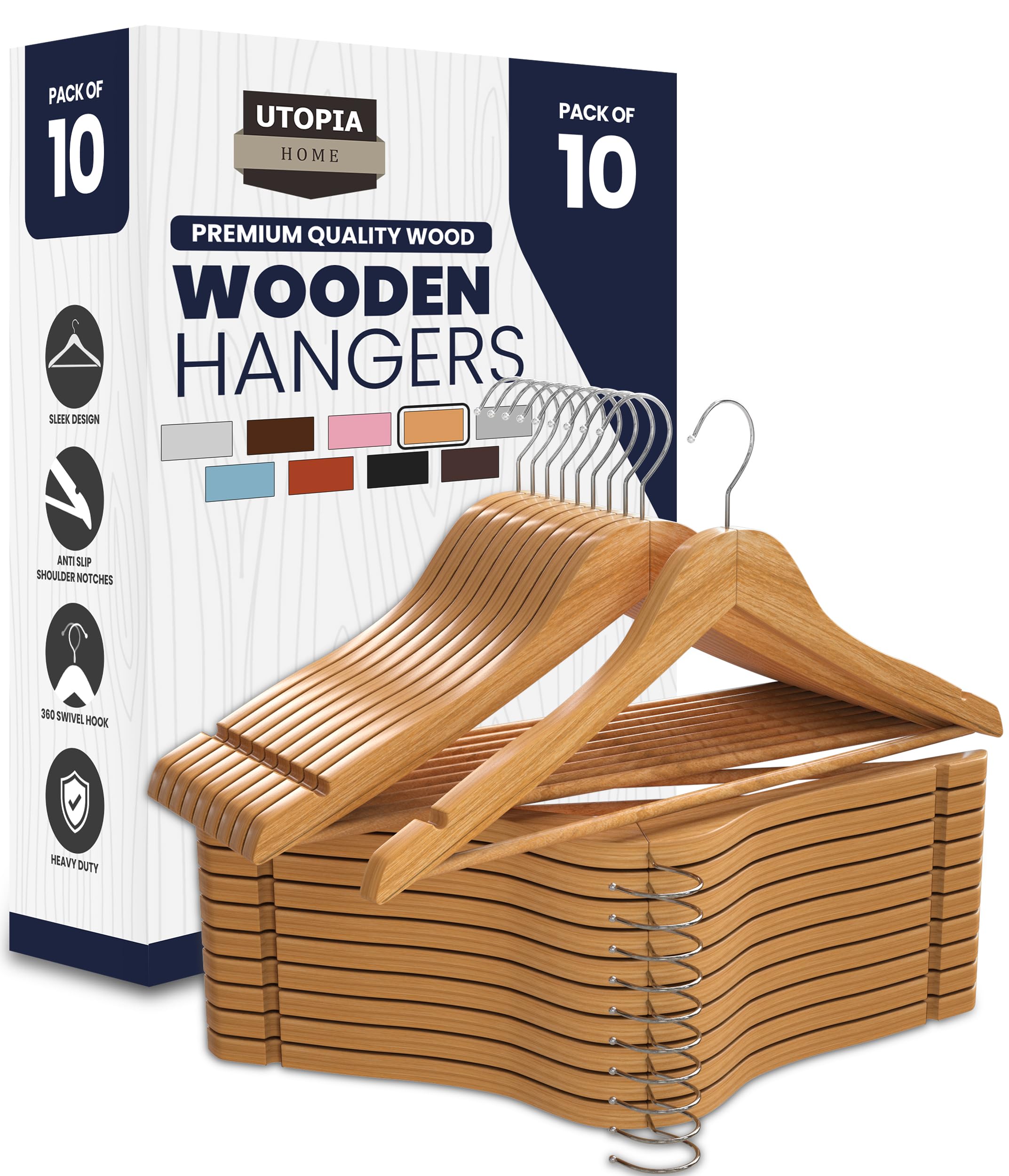 Utopia Home Premium Wooden Hangers - 360-Degree Rotatable Hook - Durable & Slim - Shoulder Grooves - Non-Slip Lightweight Hangers for Coats, Suits, Pant and Jackets (Pack of 10, Natural)
