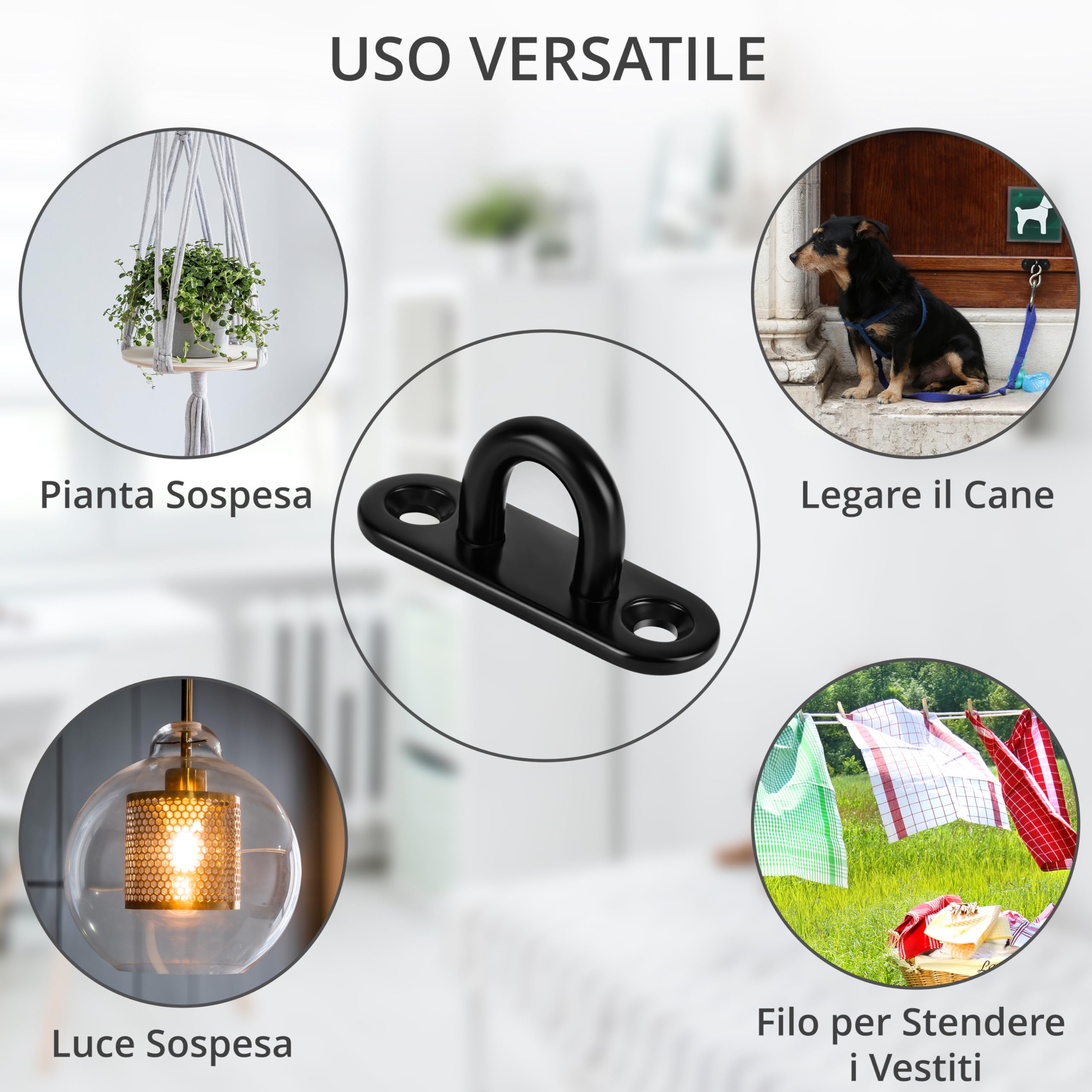 Winter Shore Ganci Soffitto M5 ad Alta Resistenza (Set da 8) - Acciaio Inox 50 mm per Appendere Piante - Luci da Esterno - Gancio a Piastra, Neri