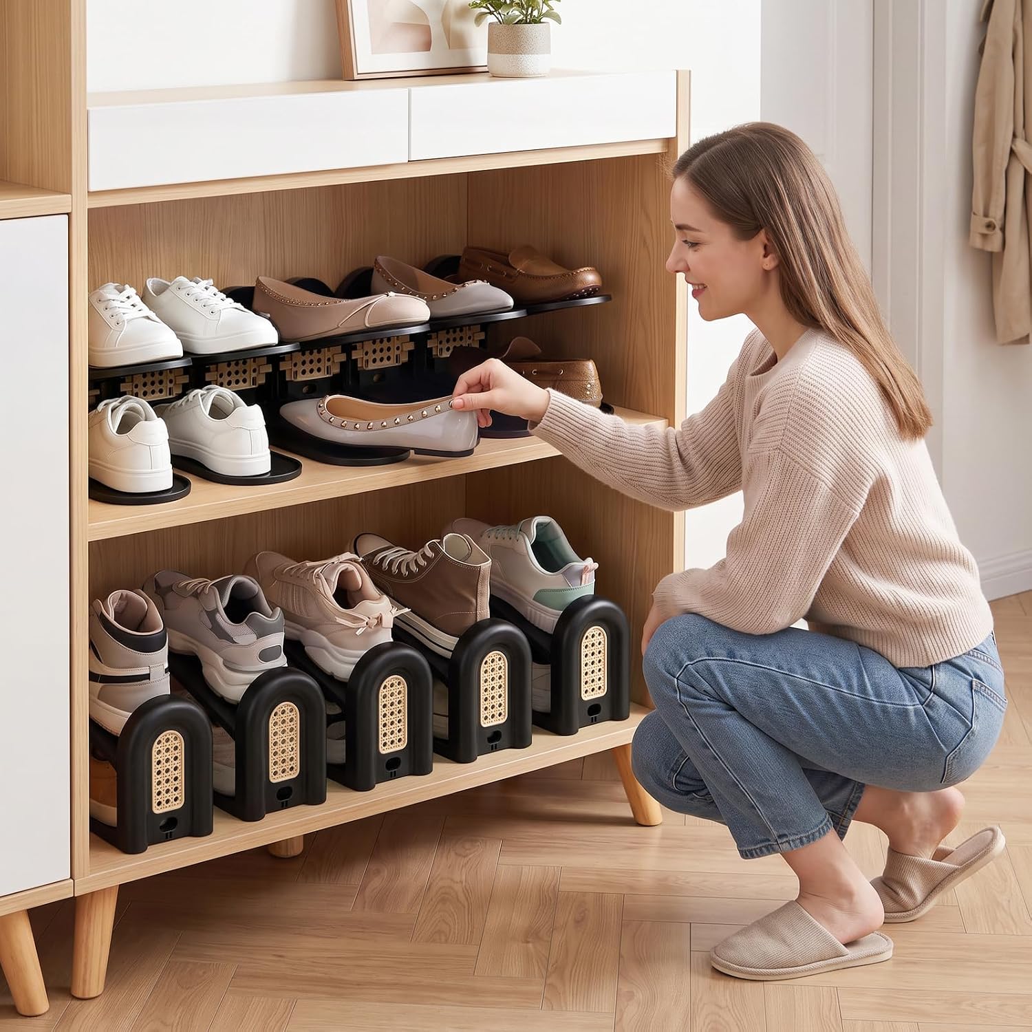 12 Pack Shoe Slots Organizer, Adjustable 2 Levels Shoe Stacker for Closet Storage, Double Layer Shoe Riser Space Saver for Sneakers Flat and Heels, Black Woven Style