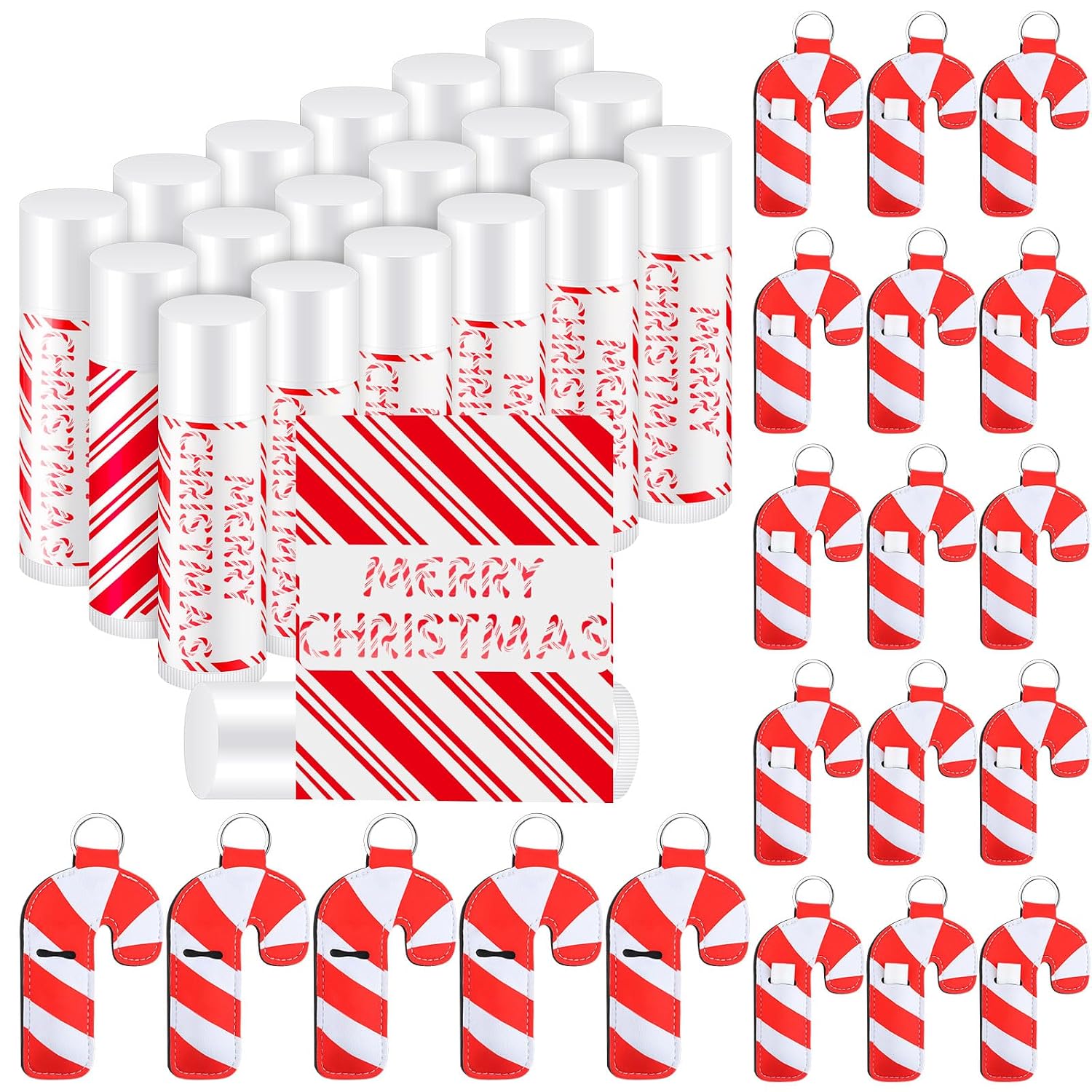 36 Pack Christmas Lip Balm and Holder Keychain Candy Cane