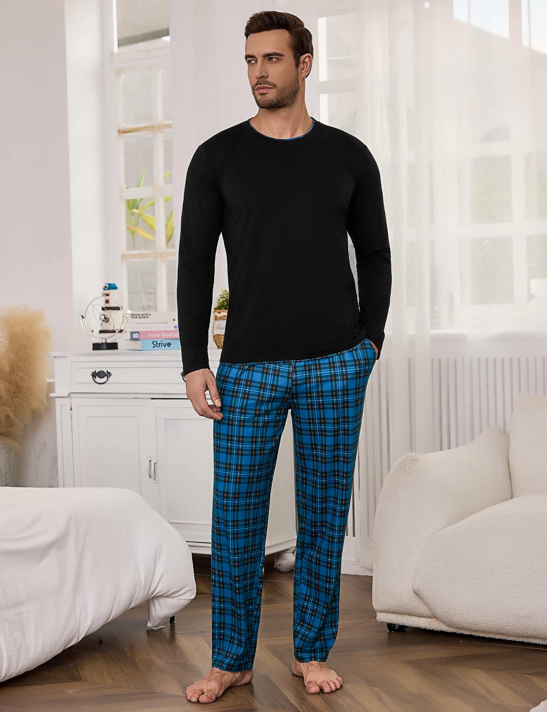 Litherday Pigiama Uomo Invernale Cotone Lungo Pajamas Due Pezzi Maniche Lunghe Pantaloni Lunghi Pigiami Morbido Loungewear con Tasche