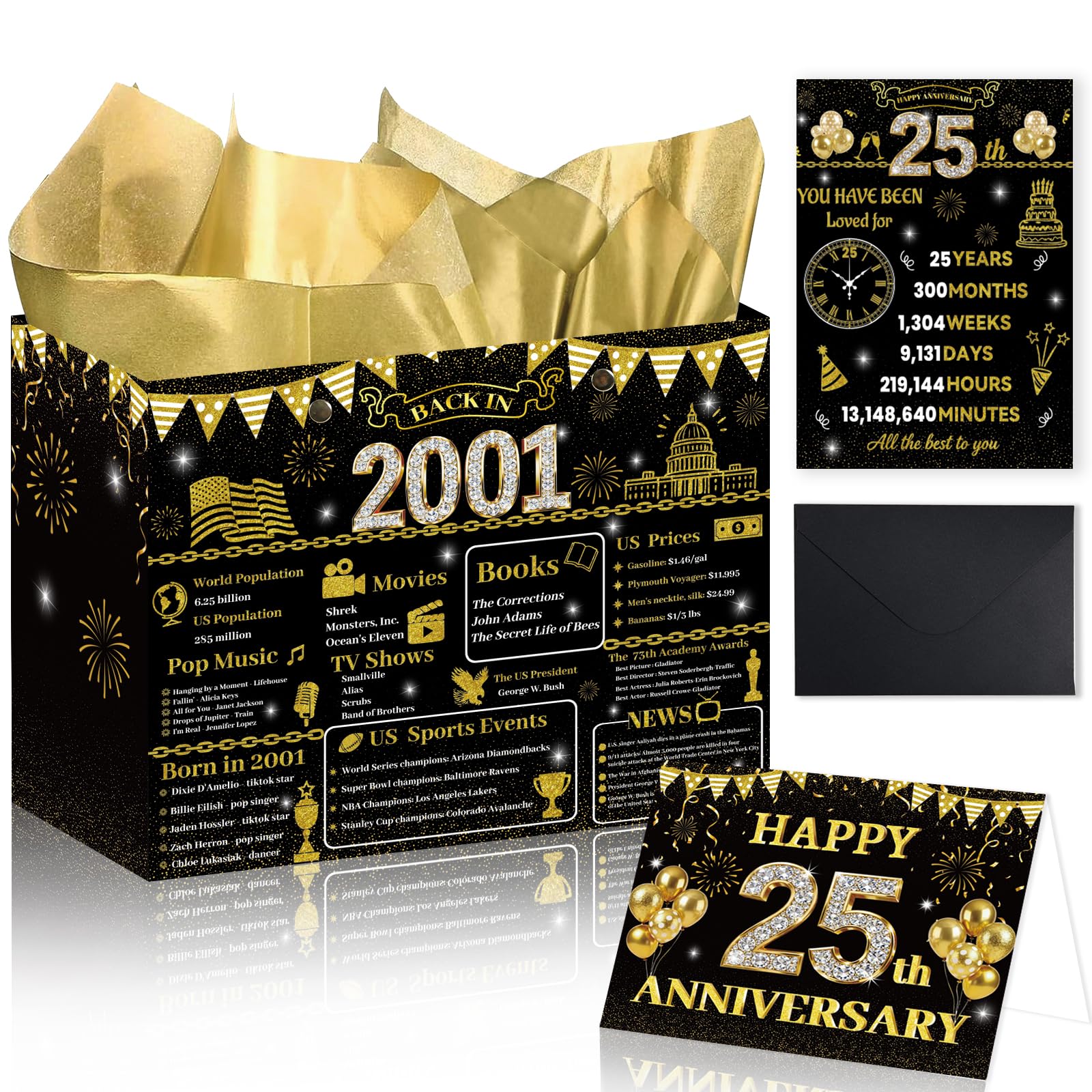 Lednica 25th Anniversary Party Gift Bag, 2001 Gift Bag with Tissue Papers Poster Envelope&Card, 25th Wedding Two-sided Anniversary Paper Gift Wrap Bags for Women Men Gold Wedding Party Supplies 12