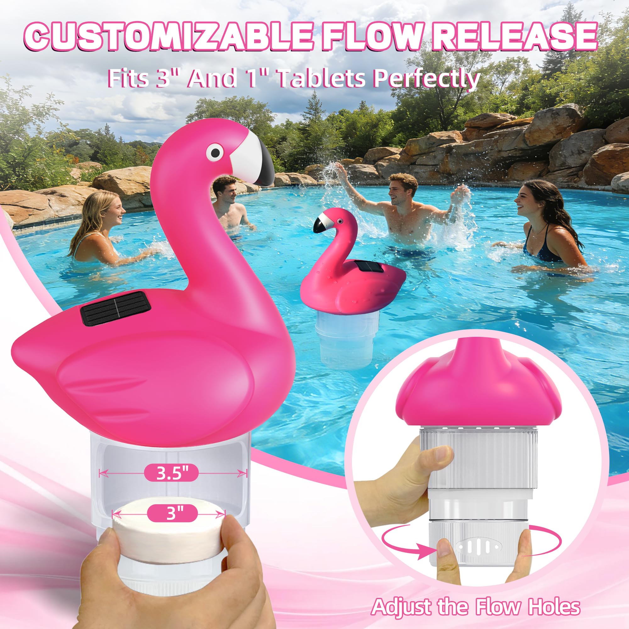 Luxfero Diffuseur Chlore Piscine avec Lumière,Flamant Distributeur de Chlore Flottant Solaire,Flotteur Chlore Piscine Grande Capacité Diffuseur Chlore pour Piscine Réglable,Distributeur Chlore Piscine