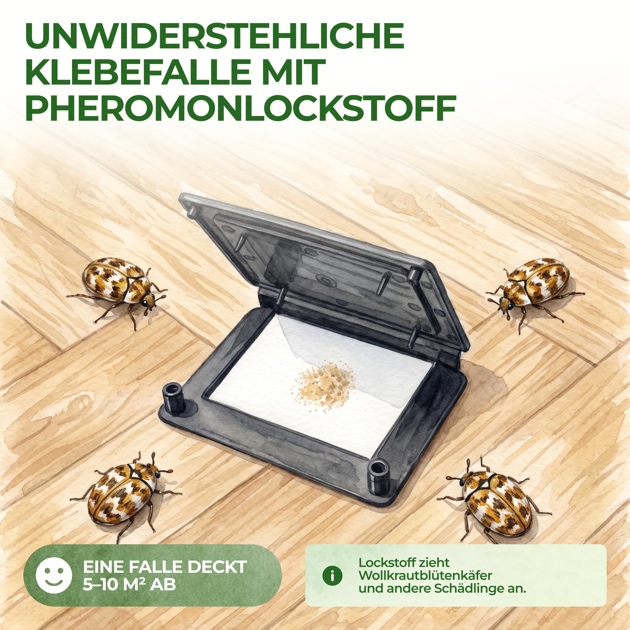 GREEN GUARDIA Wollkrautblütenkäfer Falle mit Pheromon-Lockstoff - 10x Fallen - umweltfreundlich Wollkrautblütenkäfer bekämpfen, Chemiefreie Pheromonfalle mit austauschbaren Klebeflächen,giftfrei