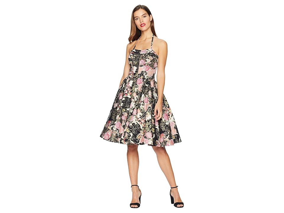 

Unique Vintage Alfred Shaheen Asian Blossoms Print Hawaiian Swing Dress (Black/Pink Floral) Women's Dress